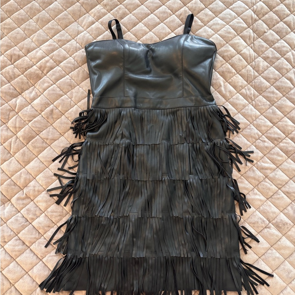 Guess Black Faux Leather Fringe Mini Dress
